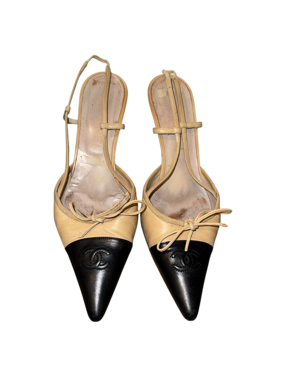Vintage Chanel Classic Cap Pointed Toe CC Cream Slingback Heels 37.5 7.5 US USED - Picture 2 of 12